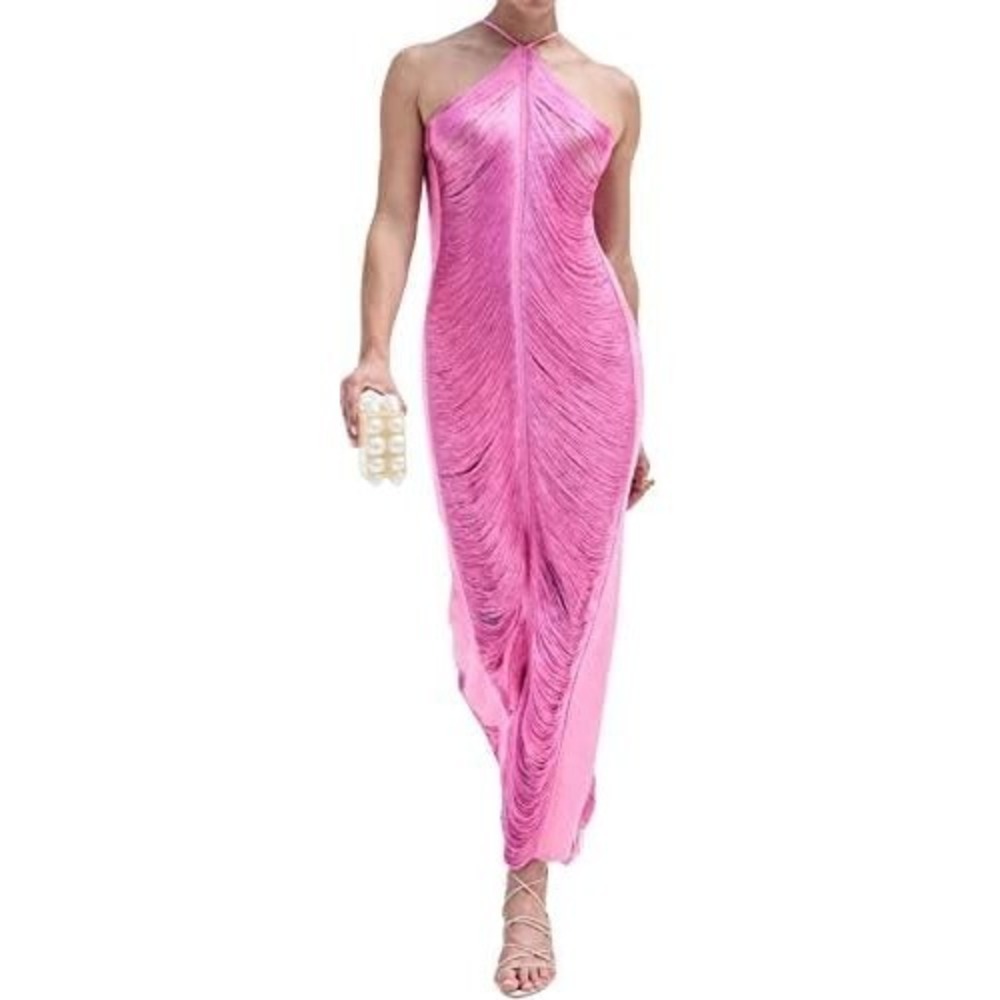 NWT SthCute Pink Draping Fringe Halter Gown sz Small no lined READ